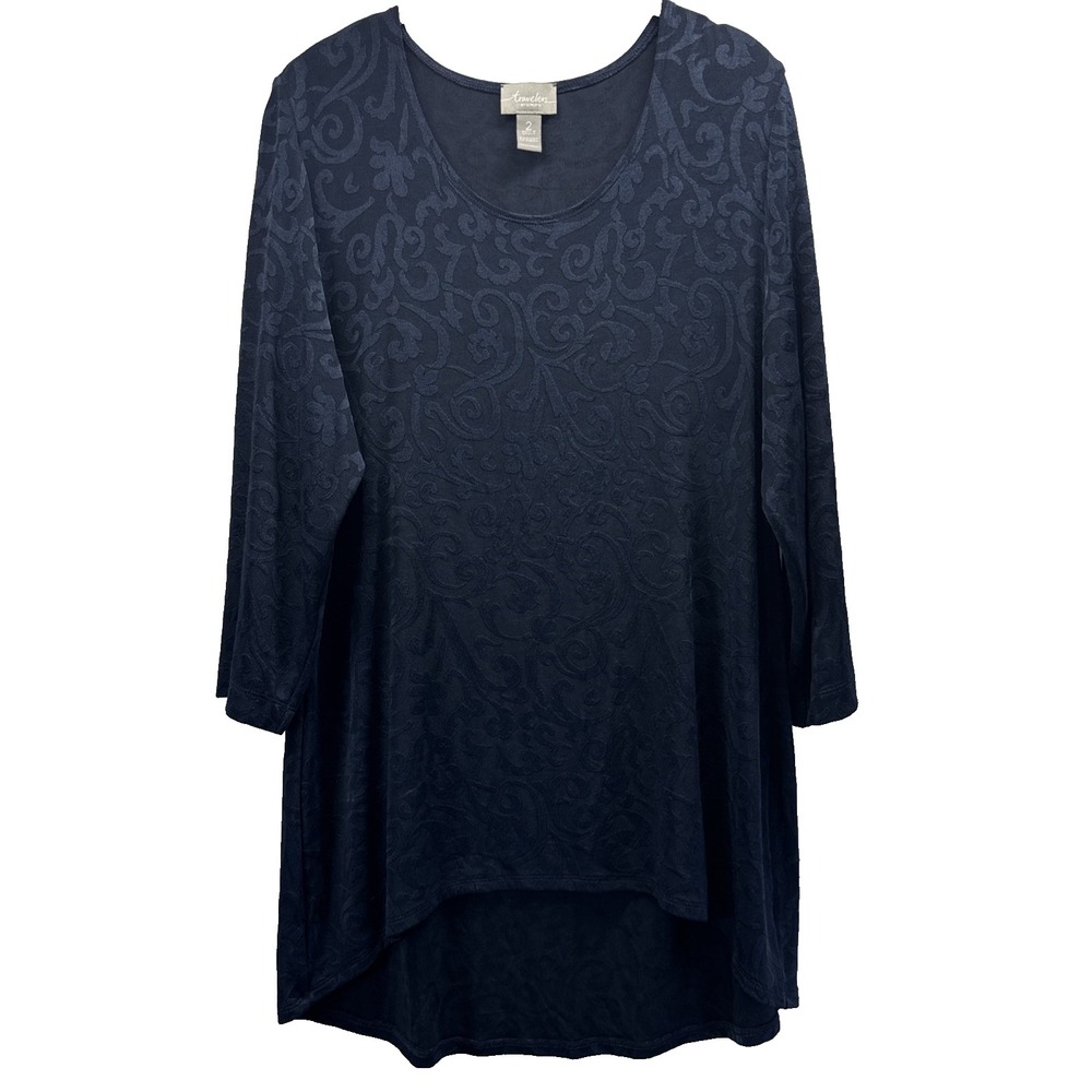 Chicos Travelers Women's Tunic Top Size Large Navy Blue 3/4 Sleeves Pullover